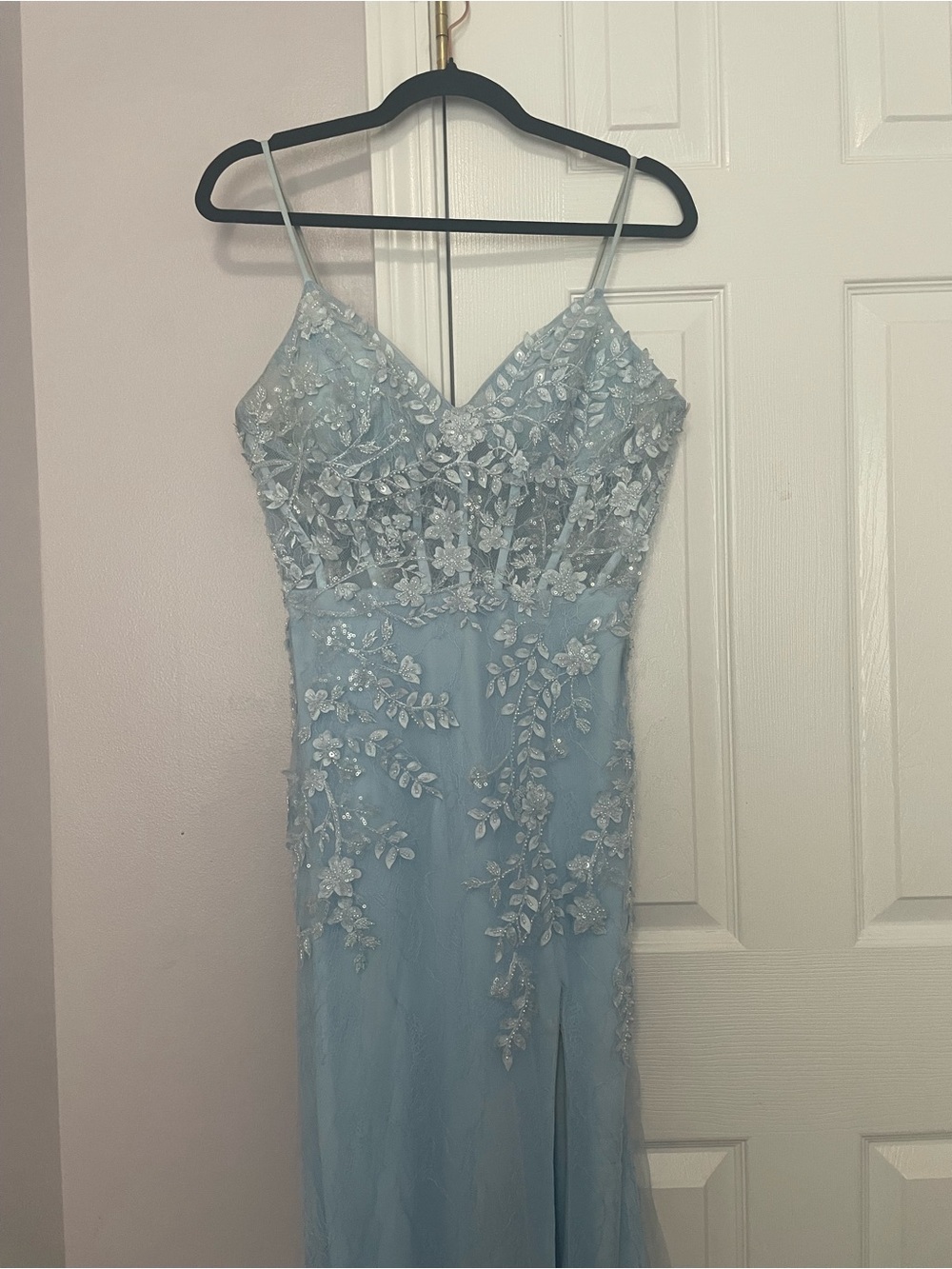 Camille La Vie Light Blue Embroidered Spaghetti Strap Evening Dress